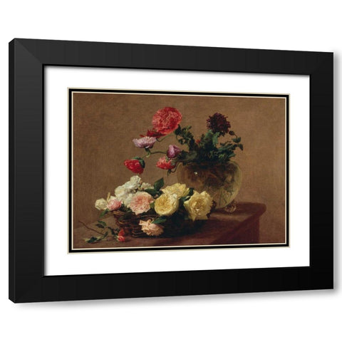 Poppies in a Crystal Vase and Roses in a Basket (detail) Black Modern Wood Framed Art Print with Double Matting by Fantin-Latour, Henri