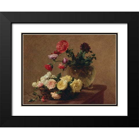 Poppies in a Crystal Vase and Roses in a Basket (detail) Black Modern Wood Framed Art Print with Double Matting by Fantin-Latour, Henri