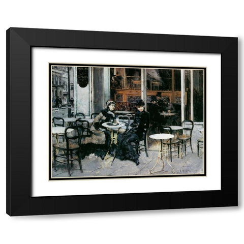 Conversazione al caffe Parigi Black Modern Wood Framed Art Print with Double Matting by Boldini, Giovanni