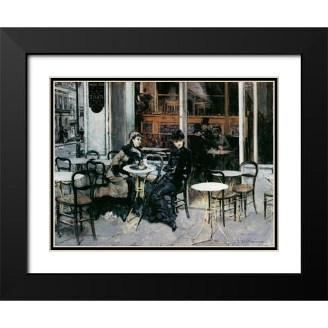Conversazione al caffe Parigi Black Modern Wood Framed Art Print with Double Matting by Boldini, Giovanni