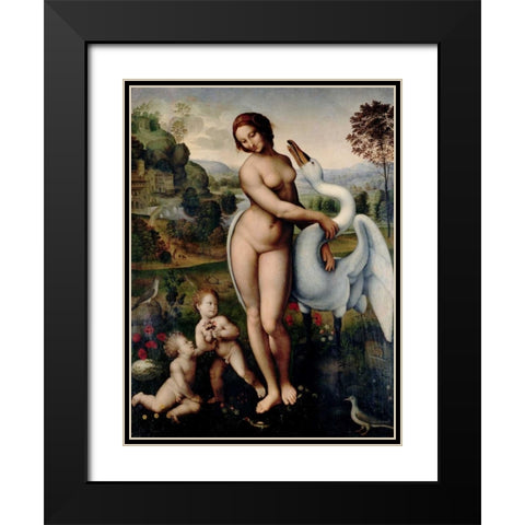 Leda and the Swan  Black Modern Wood Framed Art Print with Double Matting by After Leonardo Da Vinci