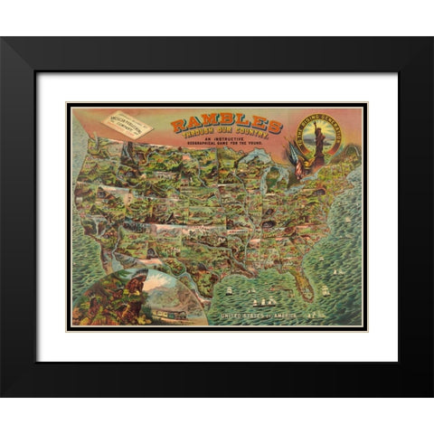 Game board with map of America, 1890 Black Modern Wood Framed Art Print with Double Matting by Anonymous