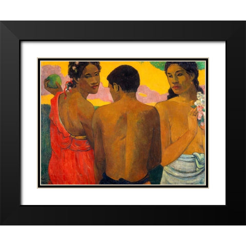 Three Tahitians Black Modern Wood Framed Art Print with Double Matting by Gauguin, Paul