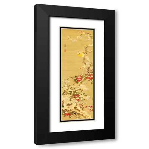 Bird among Camellias in Snow  Black Modern Wood Framed Art Print with Double Matting by Anonymous