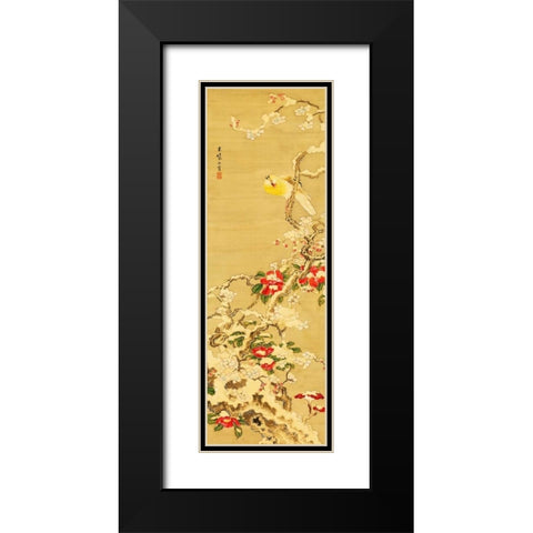 Bird among Camellias in Snow  Black Modern Wood Framed Art Print with Double Matting by Anonymous