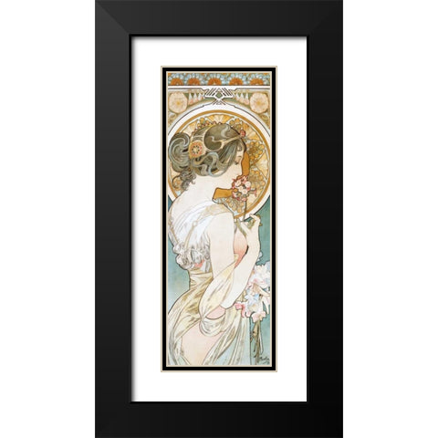 La Primevere Black Modern Wood Framed Art Print with Double Matting by Mucha, Alphonse