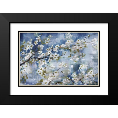 Cherry Blossoms Branch Blue and White landscape Black Modern Wood Framed Art Print with Double Matting by Tre Sorelle Studios