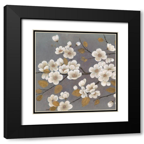Gold Leaf Blossom Branch Square Black Modern Wood Framed Art Print with Double Matting by Ng, Crystal