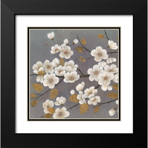 Gold Leaf Blossom Branch Square Black Modern Wood Framed Art Print with Double Matting by Ng, Crystal