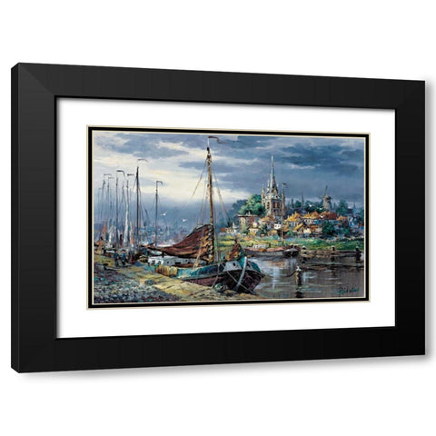 Picturesque harbour view Black Modern Wood Framed Art Print with Double Matting by Withaar, Reint