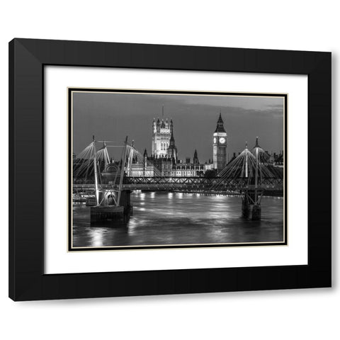 London-River Thames-Waterloo brigde and houses of parliment at night Black Modern Wood Framed Art Print with Double Matting by Frank, Assaf