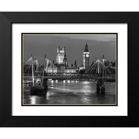 London-River Thames-Waterloo brigde and houses of parliment at night Black Modern Wood Framed Art Print with Double Matting by Frank, Assaf