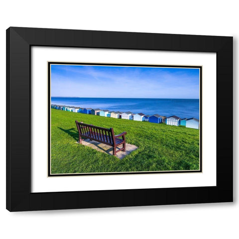 Bench on lawn with beach huts in background Black Modern Wood Framed Art Print with Double Matting by Frank, Assaf