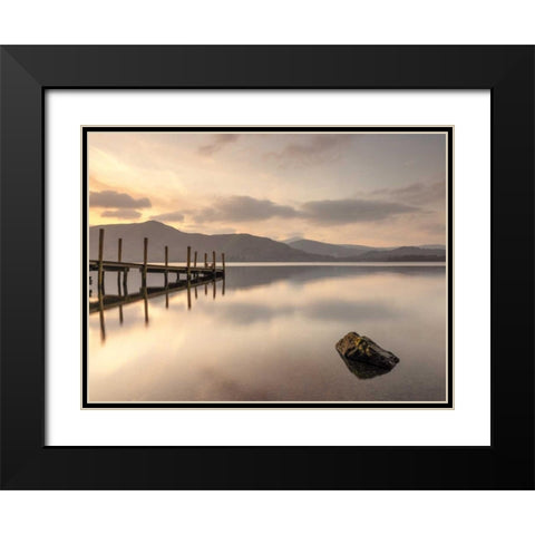 Pier on still lake Black Modern Wood Framed Art Print with Double Matting by Frank, Assaf