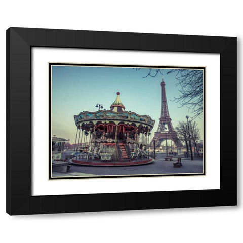 Carousel with the Eiffel tower in the background Black Modern Wood Framed Art Print with Double Matting by Frank, Assaf
