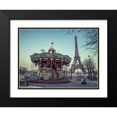 Carousel with the Eiffel tower in the background Black Modern Wood Framed Art Print with Double Matting by Frank, Assaf