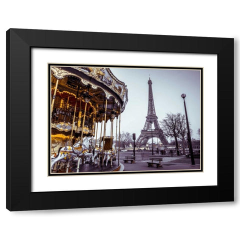 Carousel with the Eiffel tower in the background Black Modern Wood Framed Art Print with Double Matting by Frank, Assaf