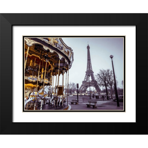 Carousel with the Eiffel tower in the background Black Modern Wood Framed Art Print with Double Matting by Frank, Assaf