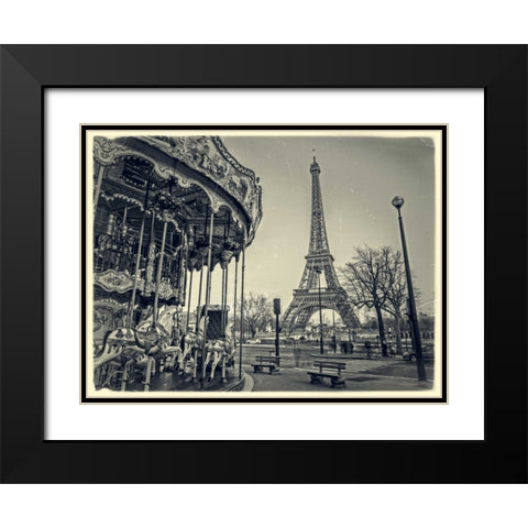Carousel with the Eiffel tower in the background Black Modern Wood Framed Art Print with Double Matting by Frank, Assaf