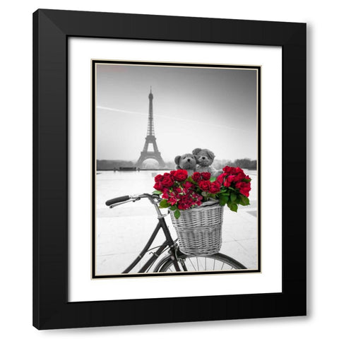 Teddy Bears and bunch of red roses on bicycle with Eiffel tower in the background Black Modern Wood Framed Art Print with Double Matting by Frank, Assaf