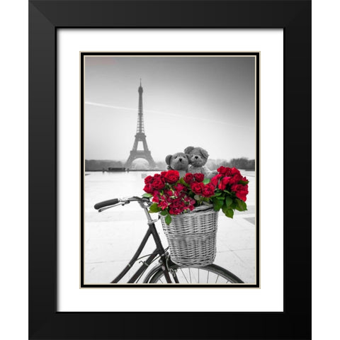 Teddy Bears and bunch of red roses on bicycle with Eiffel tower in the background Black Modern Wood Framed Art Print with Double Matting by Frank, Assaf
