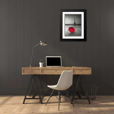 Red umbrella in front of the Eiffel tower with handwritting overlay Black Modern Wood Framed Art Print with Double Matting by Frank, Assaf