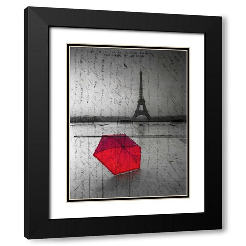 Red umbrella in front of the Eiffel tower with handwritting overlay Black Modern Wood Framed Art Print with Double Matting by Frank, Assaf