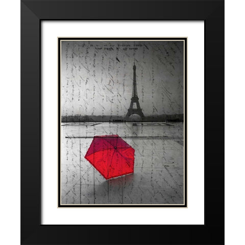 Red umbrella in front of the Eiffel tower with handwritting overlay Black Modern Wood Framed Art Print with Double Matting by Frank, Assaf