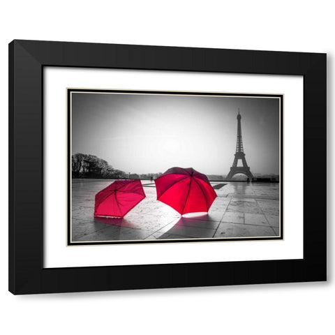 Two Umbrellas in front of the Eiffel tower, Paris, France Black Modern Wood Framed Art Print with Double Matting by Frank, Assaf