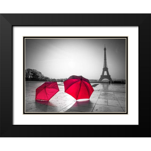 Two Umbrellas in front of the Eiffel tower, Paris, France Black Modern Wood Framed Art Print with Double Matting by Frank, Assaf