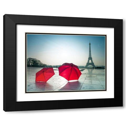 Umbrellas and Eiffel tower Black Modern Wood Framed Art Print with Double Matting by Frank, Assaf