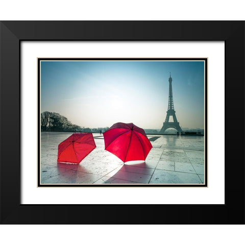 Umbrellas and Eiffel tower Black Modern Wood Framed Art Print with Double Matting by Frank, Assaf