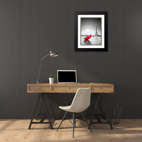 Umbrella in front of the Eiffel tower, Paris, France Black Modern Wood Framed Art Print with Double Matting by Frank, Assaf