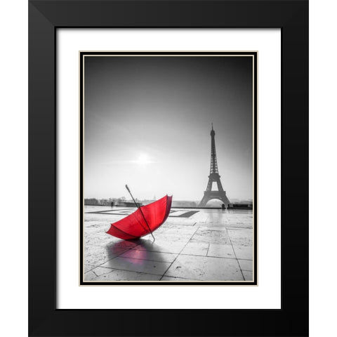 Umbrella in front of the Eiffel tower, Paris, France Black Modern Wood Framed Art Print with Double Matting by Frank, Assaf