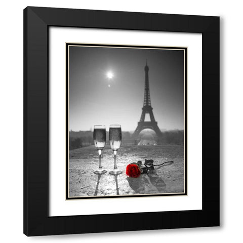 Champagne glasses with red rose next to the Eiffel tower Black Modern Wood Framed Art Print with Double Matting by Frank, Assaf
