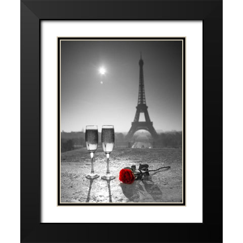 Champagne glasses with red rose next to the Eiffel tower Black Modern Wood Framed Art Print with Double Matting by Frank, Assaf