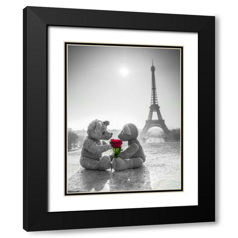 Two Teddy bears with a rose next to the Eiffel tower Black Modern Wood Framed Art Print with Double Matting by Frank, Assaf