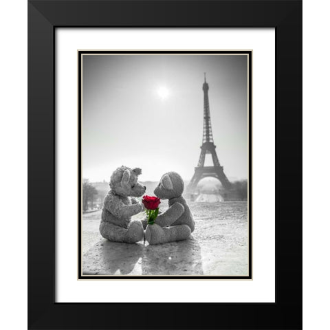 Two Teddy bears with a rose next to the Eiffel tower Black Modern Wood Framed Art Print with Double Matting by Frank, Assaf