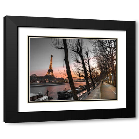 Row of trees, the river Seine and the Eiffel tower at dusk Black Modern Wood Framed Art Print with Double Matting by Frank, Assaf
