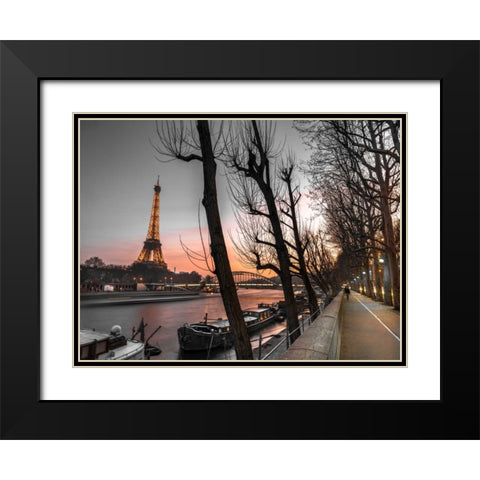 Row of trees, the river Seine and the Eiffel tower at dusk Black Modern Wood Framed Art Print with Double Matting by Frank, Assaf