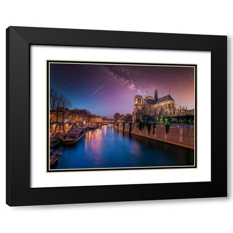 Notre-Dame de Paris at night, France Black Modern Wood Framed Art Print with Double Matting by Frank, Assaf