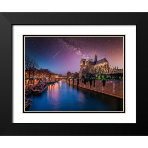 Notre-Dame de Paris at night, France Black Modern Wood Framed Art Print with Double Matting by Frank, Assaf