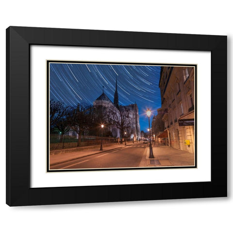 Star Trails above Notre-Dame de Paris Black Modern Wood Framed Art Print with Double Matting by Frank, Assaf