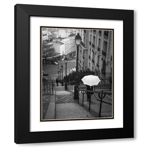 Woman with white umbrella standing on staircase in Montmartre, Paris, France Black Modern Wood Framed Art Print with Double Matting by Frank, Assaf