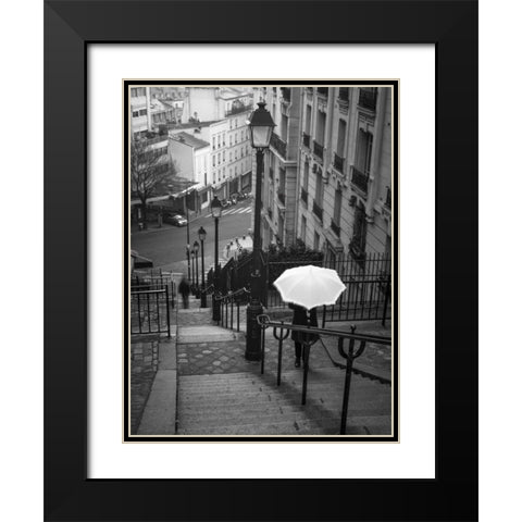 Woman with white umbrella standing on staircase in Montmartre, Paris, France Black Modern Wood Framed Art Print with Double Matting by Frank, Assaf