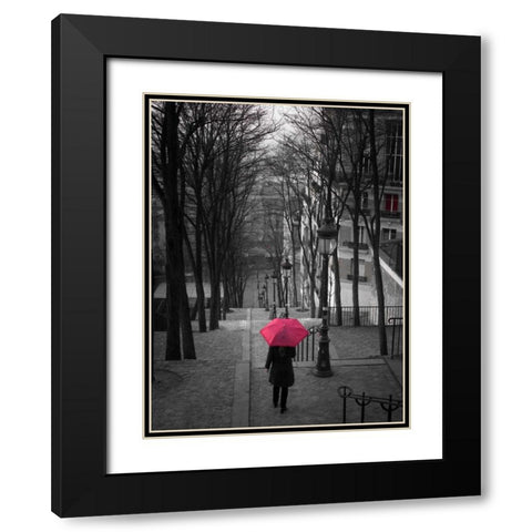 Woman with red umbrella standing on staircase in Montmartre, Paris, France Black Modern Wood Framed Art Print with Double Matting by Frank, Assaf