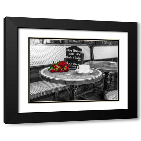 Bunch of flowers on sidewalk cafe table, Paris, France Black Modern Wood Framed Art Print with Double Matting by Frank, Assaf