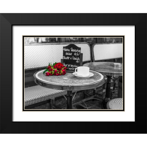 Bunch of flowers on sidewalk cafe table, Paris, France Black Modern Wood Framed Art Print with Double Matting by Frank, Assaf