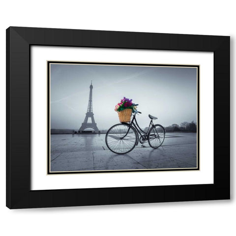 Bicycle with a basket of flowers next to the Eiffel tower, Paris, France Black Modern Wood Framed Art Print with Double Matting by Frank, Assaf