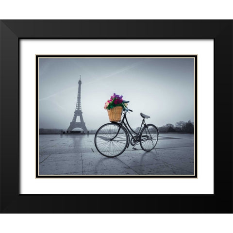 Bicycle with a basket of flowers next to the Eiffel tower, Paris, France Black Modern Wood Framed Art Print with Double Matting by Frank, Assaf